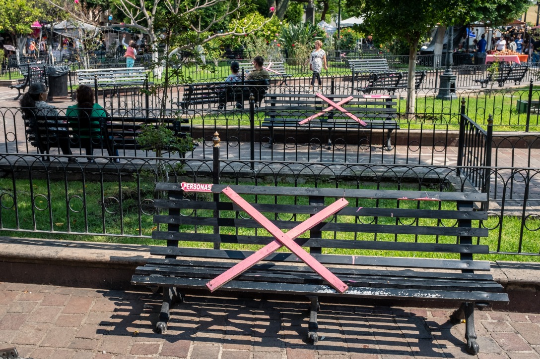 Park benches in Guadalajara, Mexico blocked from use for our safety